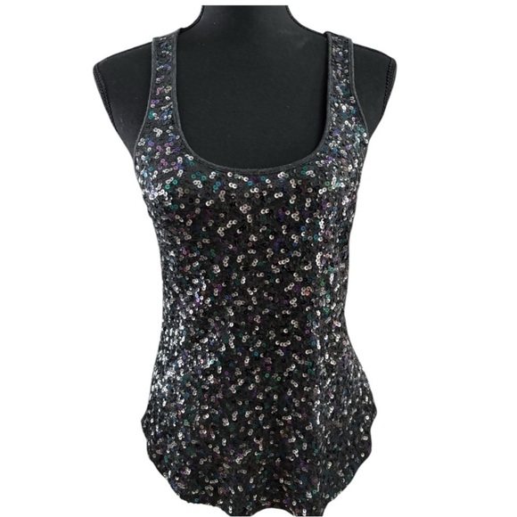 Express Sequin Black Metallic Scoop Neck Tank Top Sz Small - Picture 7 of 8
